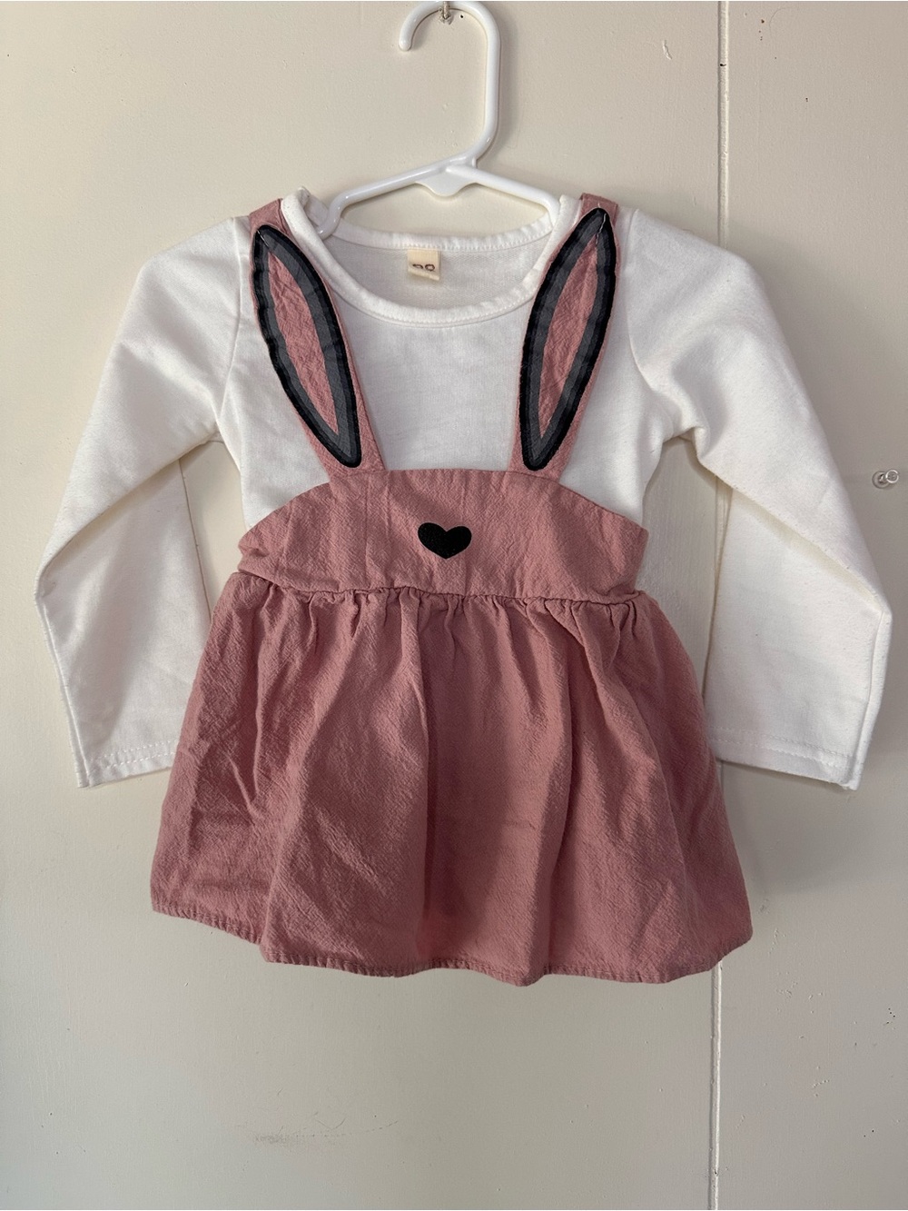 Girls Bunny Pinafore Dress Top - White + Mauve Pink